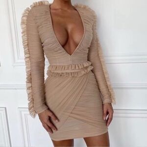 House of CB Fleur Blush Pleated Tulle Deep V Bodycon Dress Long Sleeves Small